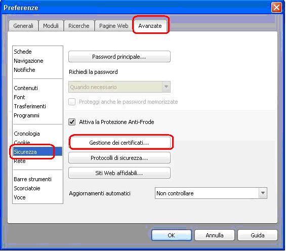 menu opzioni avanzate